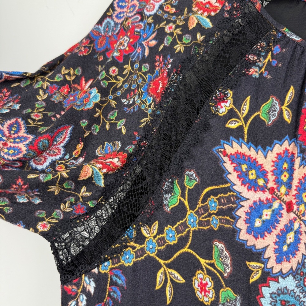 Alice + Olivia Lakita Floral Lace Trim Boho Dress Black Multicolor Tiered Large - Picture 8 of 16